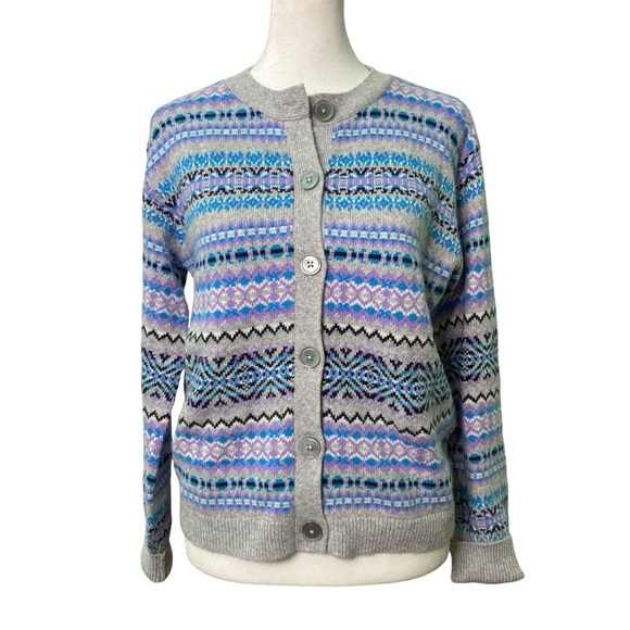 Talbots Crewneck Fair Isle Cardigan and Scarf Lavender/Gray/Blue/Black (Size XS) - Picture 2 of 11